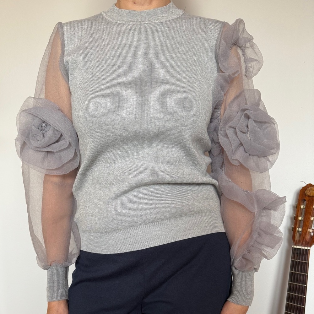 Gray Sweater with Sheer Floral Sleeves